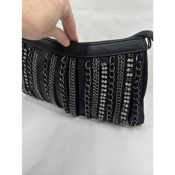 Cache Black Purse Clutch D For Shoulder Strap Zipper rhinestone chain embellish - Picture 11 of 12